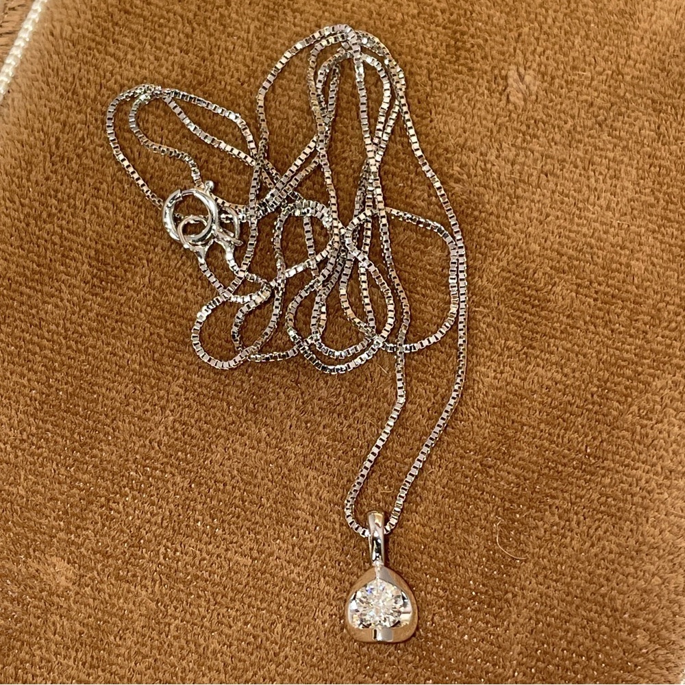 Solid 14K White Gold Natural Diamond Solitaire Pendant Box Link Chain Necklace